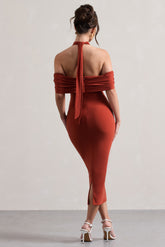 Terracotta Bodycon Halter-Neck Midi Dress With Cut-Out